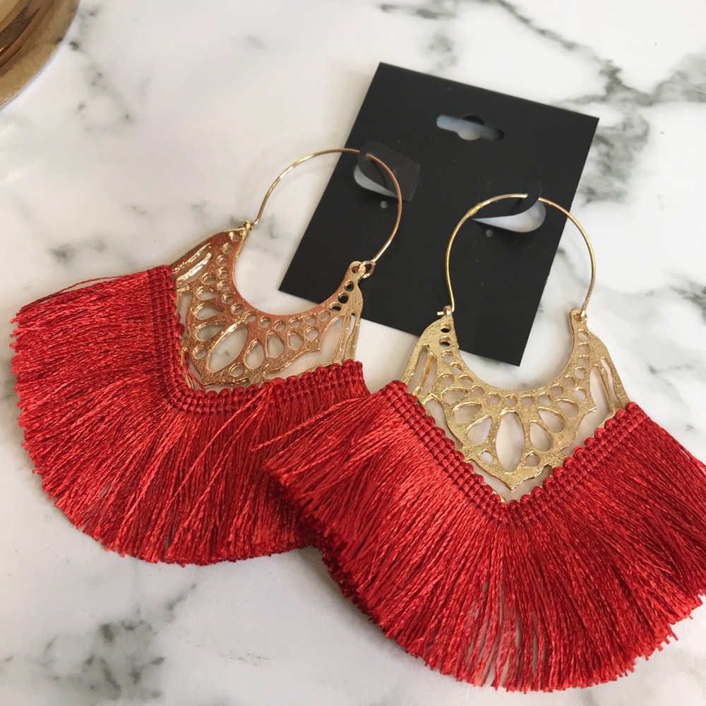 ‼️ Brick Red Thread Fan Earrings Boho Chic Gold - Picture 7 of 8